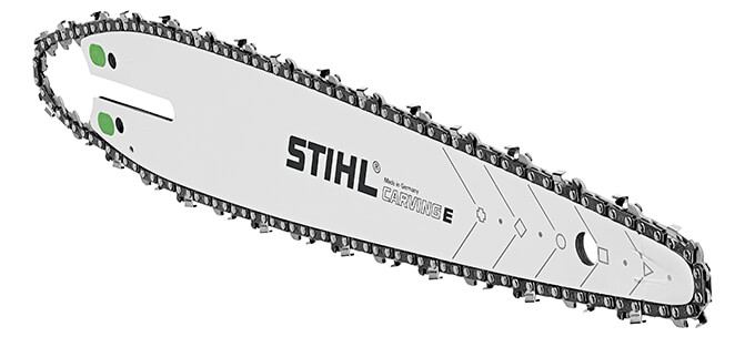 Spezielle STIHL Carvingschiene mit Carvingkette zum Schnitzen von Holzskulpturen. STIHL Carvingschiene