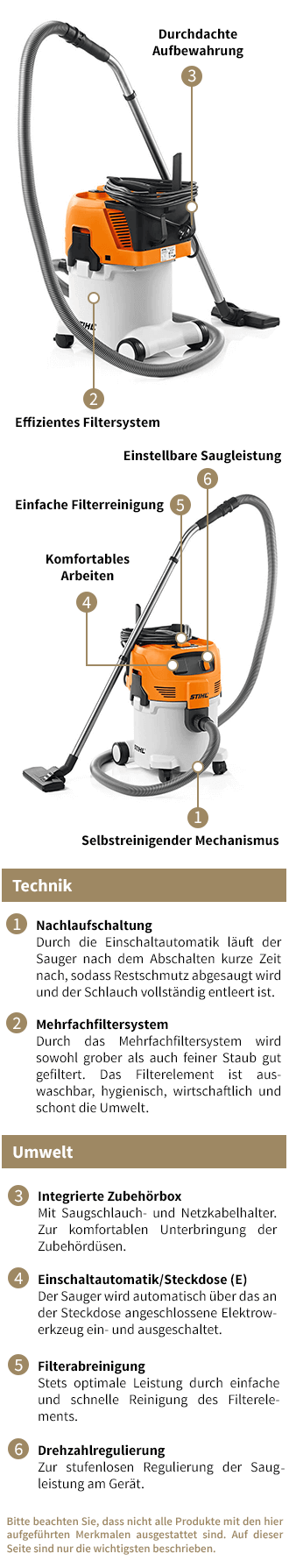 STIHL Staubsauger mit Nass- und Trockenfunktion sind aufgrund ihrer umfangreichen Ausstattungsmerkmale universell einsetzbar. Wichtige Technik- und Komfortmerkale der STIHL Staubsauger
