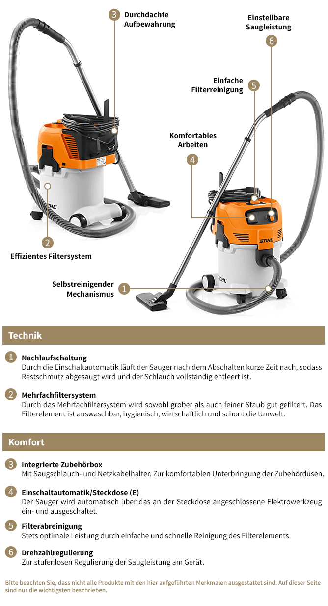 Wichtige Technik- und Komfortmerkale der STIHL Staubsauger